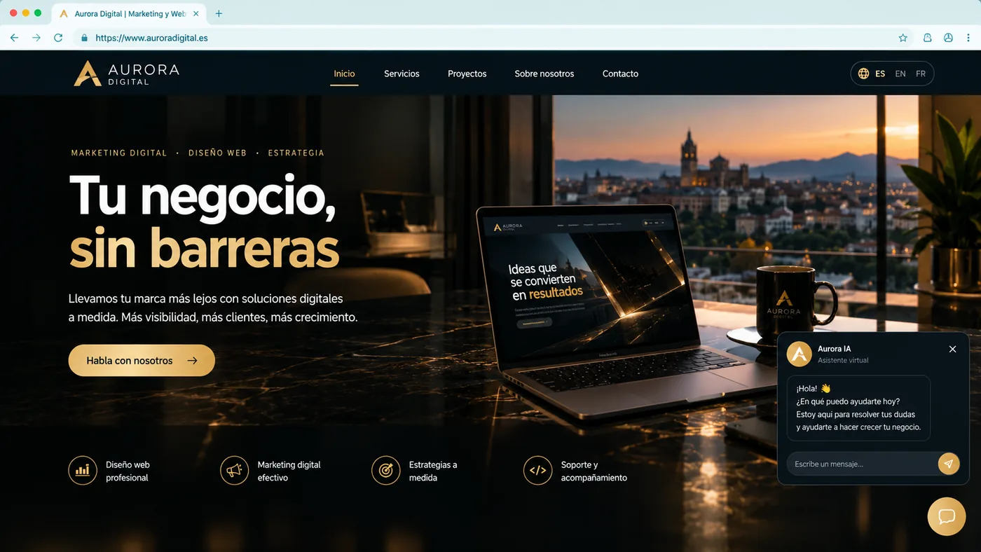 Diseño de concepto para agencia digital: portada oscura con selector de idioma ES / EN / FR en la cabecera y una ventana de asistente virtual abierta abajo a la derecha.